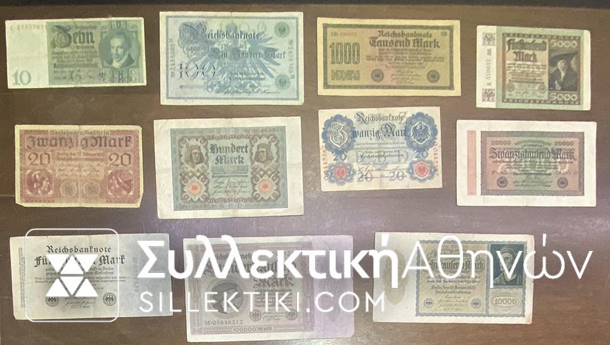GERMANY lot 11 different notes F to XF